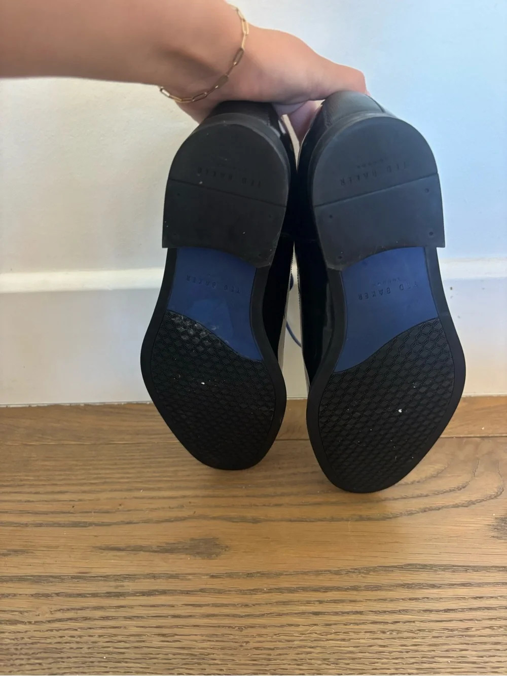 Ted Baker London Black Patent Cap-Toe Oxfords with blue Laces